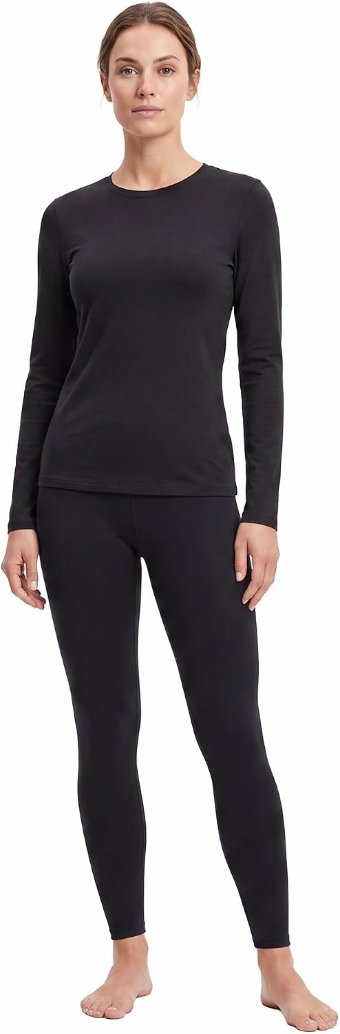 Lands' End Women’s Thermaskin Baselayer Long Sleeve Crewneck Top – Lightweight Heat-Generating Thermal Shirt - Black