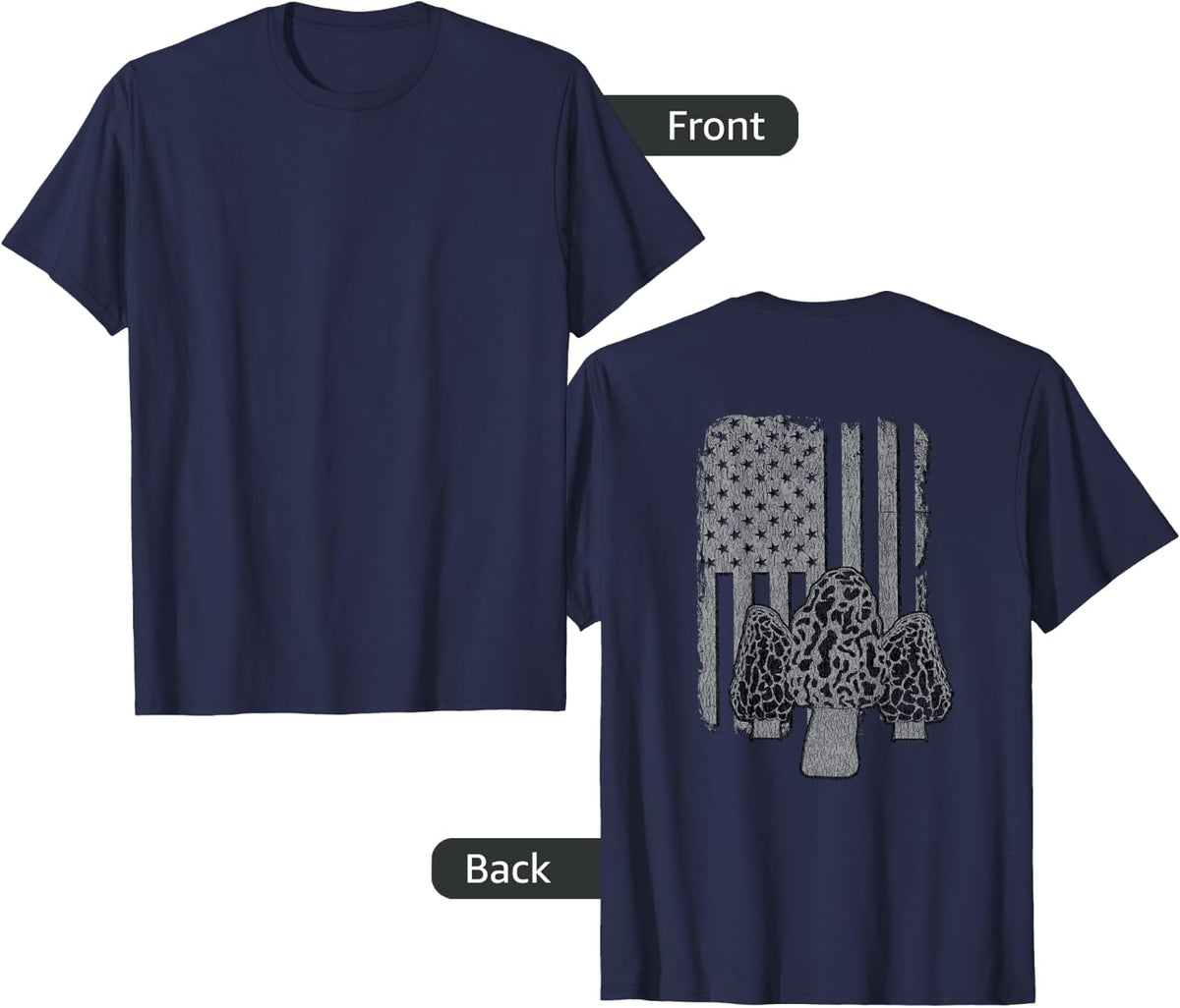 U.S.A. Flag Morel Mushroom Hunter T-Shirt (Design On Back) T-Shirt - Navy Blue