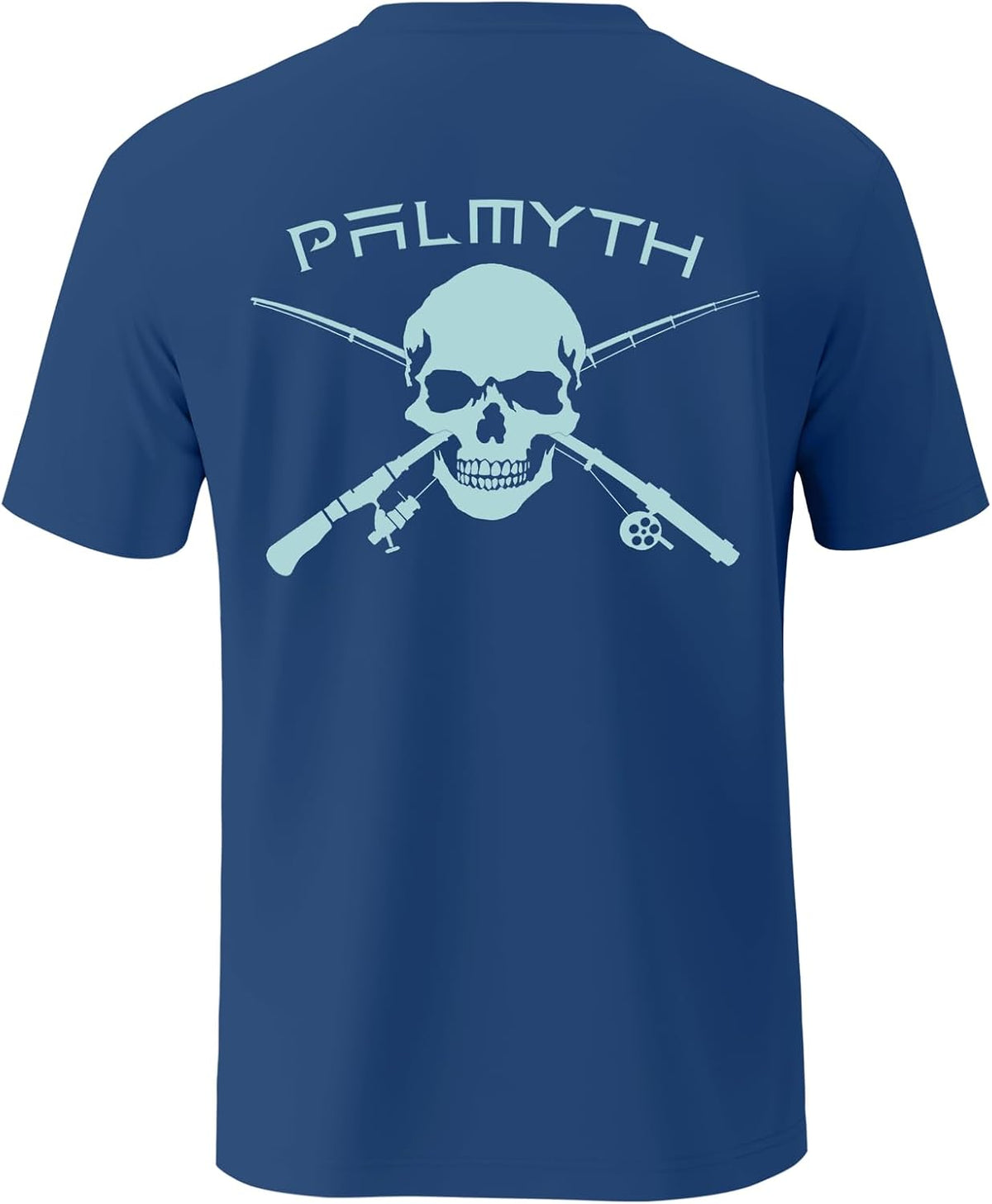 Palmyth Fishing Shirt for Men Short Sleeve UPF 50+ Sun Tee with Pocket - Dark Blue \/ Skull Rods