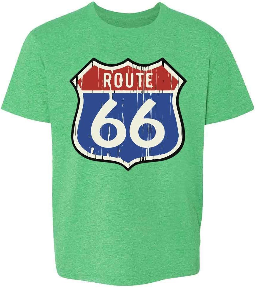 Pop Threads Route 66 Retro Highway Shield Travel T-Shirt Kids T-Shirt - | Heather Irish Green
