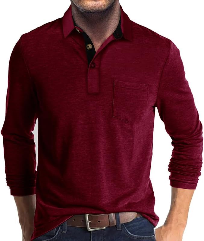 Men's Long Sleeve Polo Shirt Contrast Collar Button Golf Casual Top - Wine Red