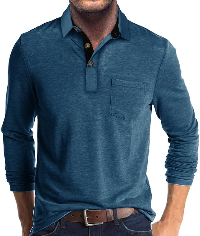 Men's Long Sleeve Polo Shirt Contrast Collar Button Golf Casual Top - Royal Blue