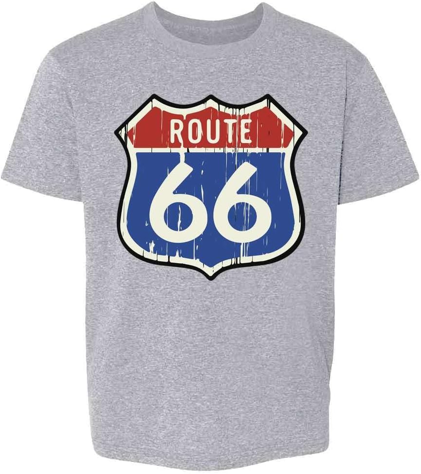 Pop Threads Route 66 Retro Highway Shield Travel T-Shirt Kids T-Shirt - | Sport Grey