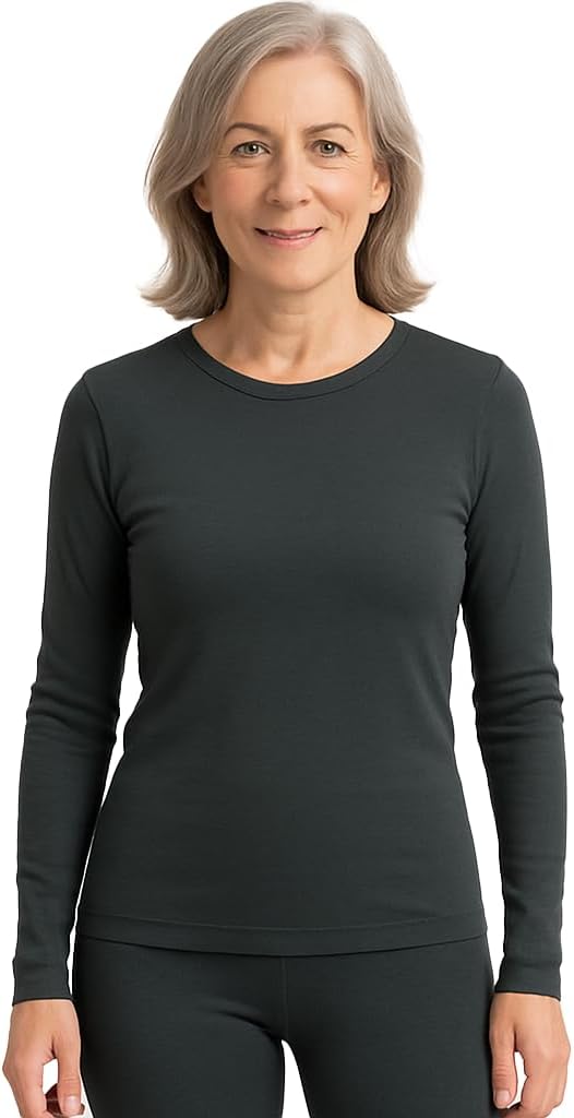 Lands' End Women’s Thermaskin Baselayer Long Sleeve Crewneck Top – Lightweight Heat-Generating Thermal Shirt - Evening Forest