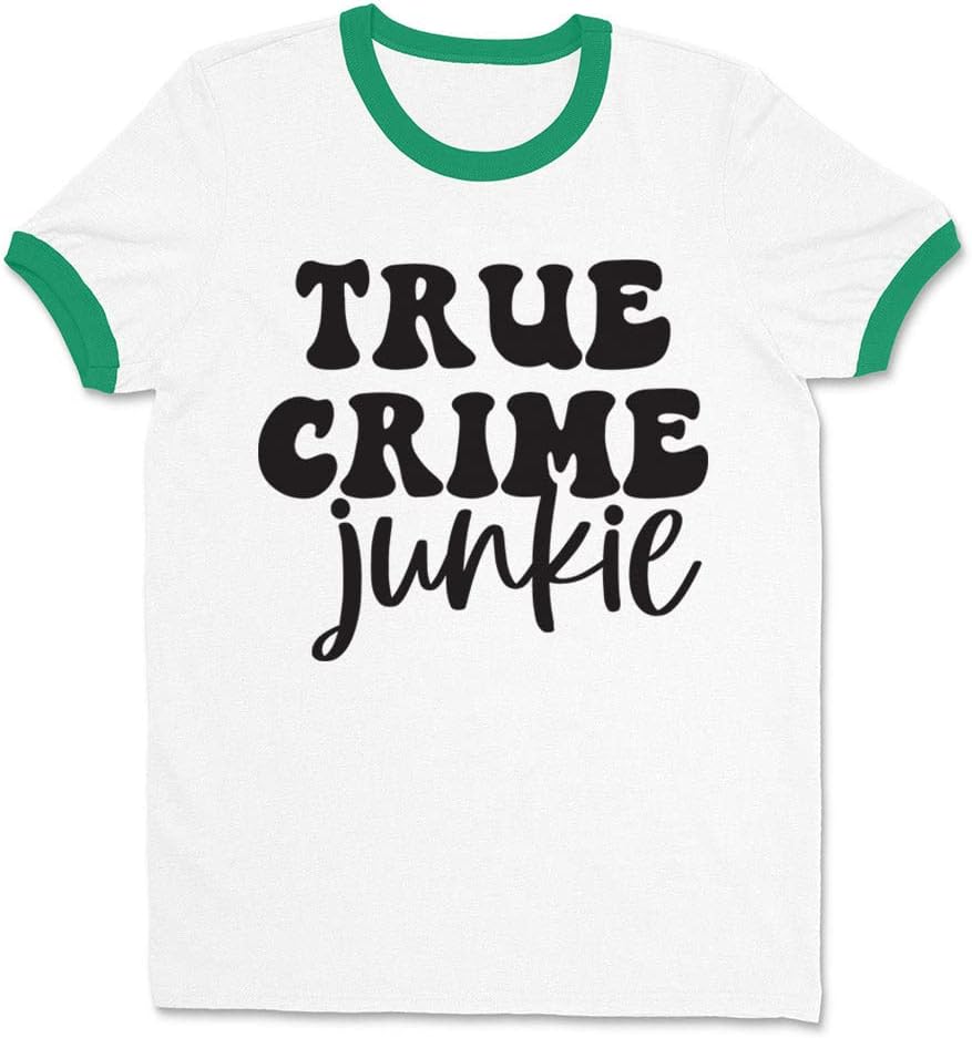 True Crime Junkie Ringer Tee Shirt Unisex - White\/Kelly Green
