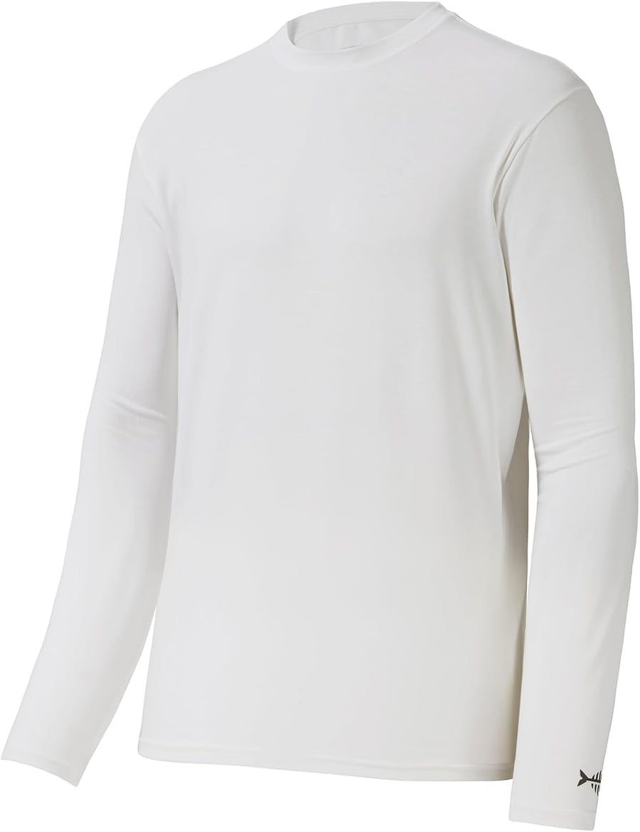 BASSDASH Men's Ultra Soft Cotton Blend UPF 50+ Long Sleeve Fishing Shirt UV Sun Protection Casual Performance Tee - White