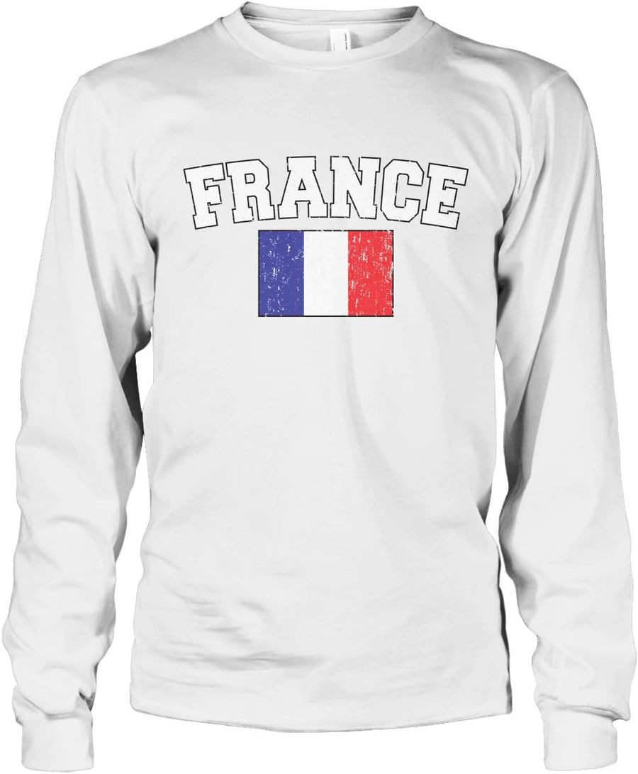Cybertela Men's Faded Distressed French France Flag Long Sleeve T-Shirt - White