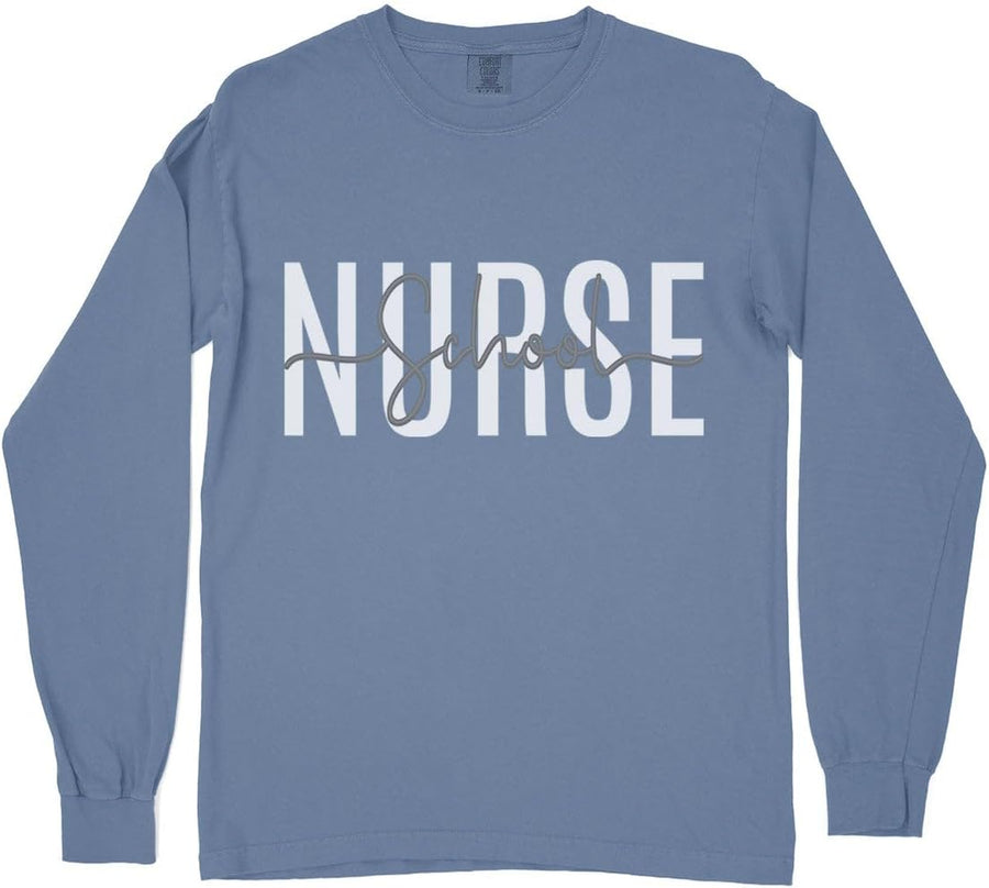 Overlay School Nurse Comfort Colors Long Sleeve Tee Unisex - Blue Jean