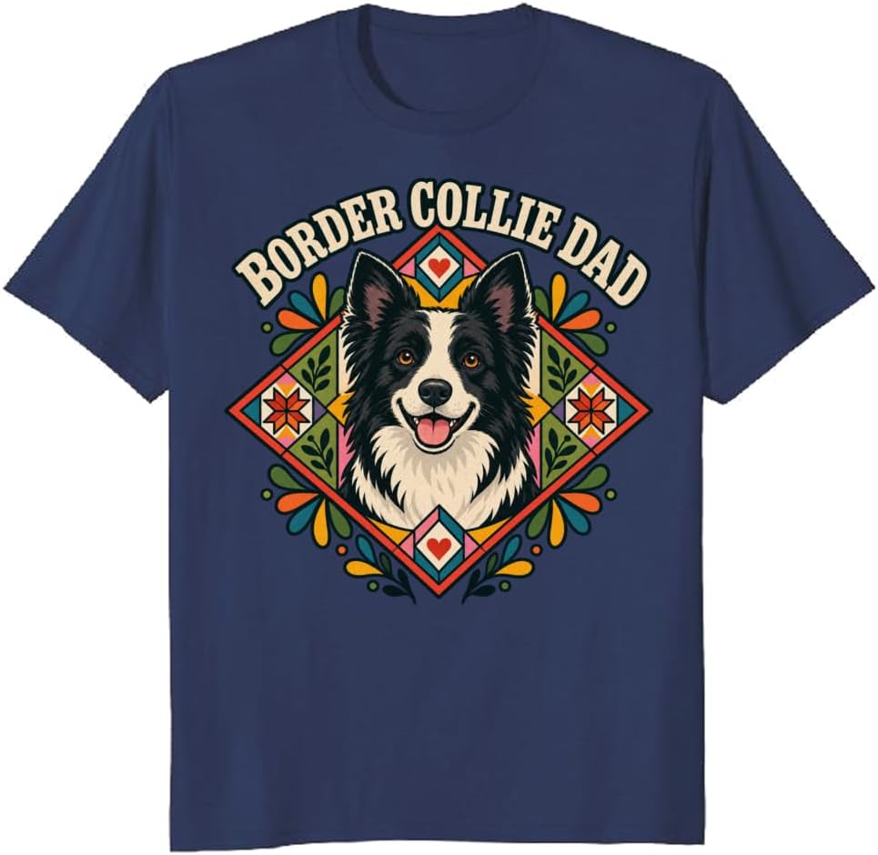 Border Collie Dad T-Shirt Retro Stained Glass Dog Portrait Tee - S6