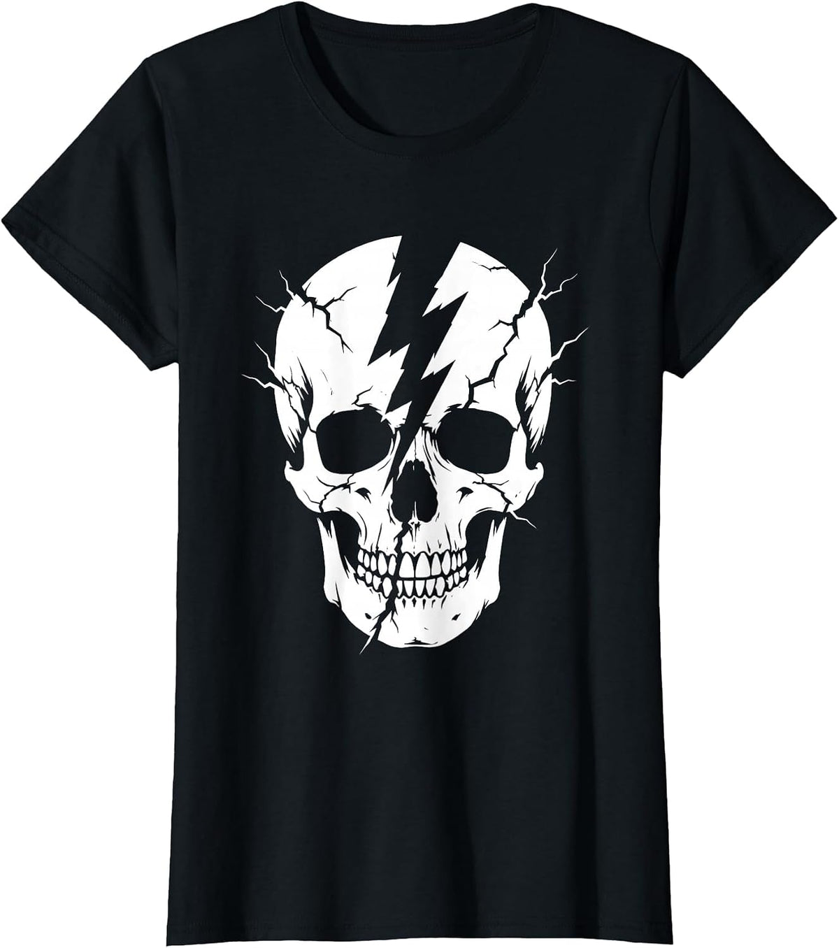 Rock Skull Lightning Bolt Crack Graphic Tee T-Shirt - Black