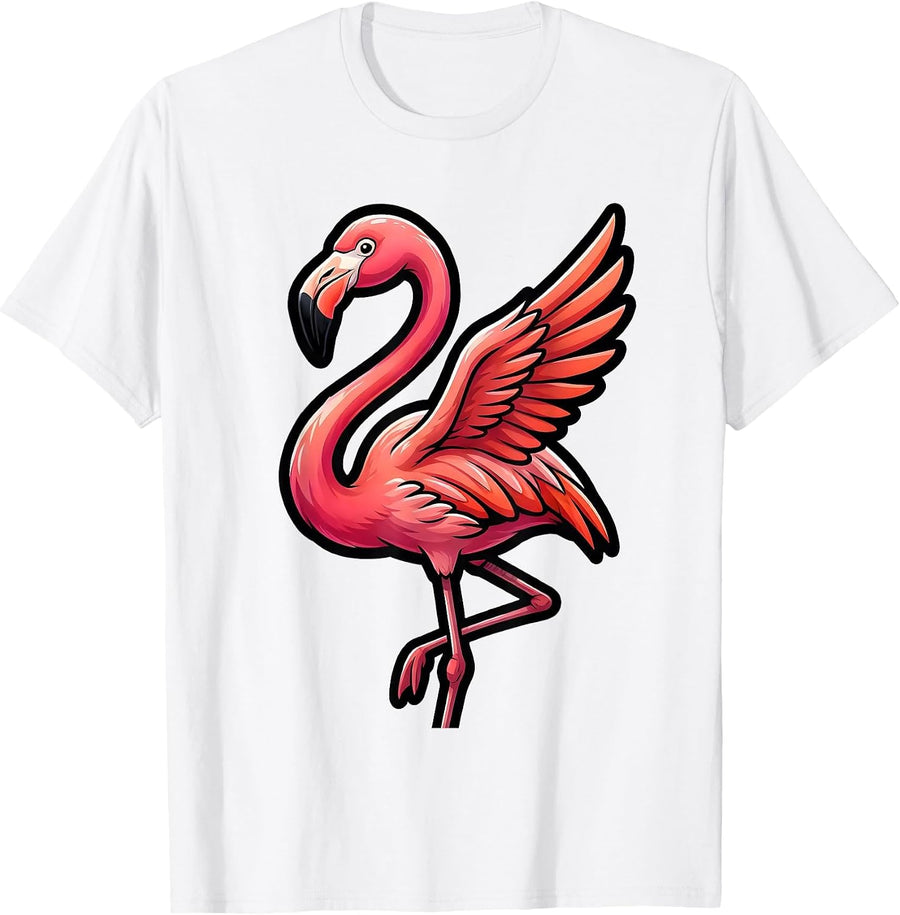 Men's Flamingo Bold Cartoon Pink Summer Vacation Gift T-Shirt - White