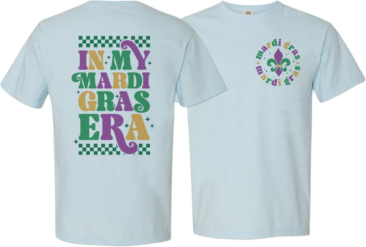 Retro Mardi Gras Era Front and Back Print Comfort Colors Short Sleeve Tee Unisex - Chambray