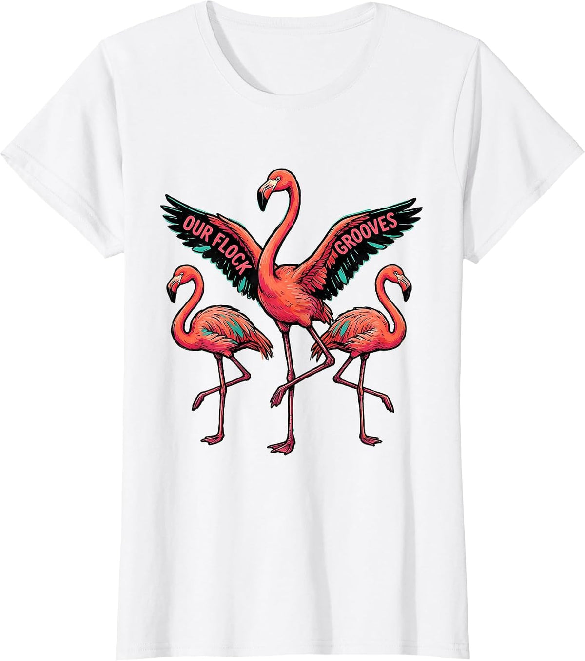 Our Flock Grooves Funny Flamingo Novelty Bird Lover Gift T-Shirt - White