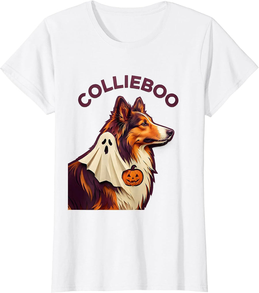 Women's Collieboo Paper Cutout Halloween Dog Breed Humor T-Shirt - White