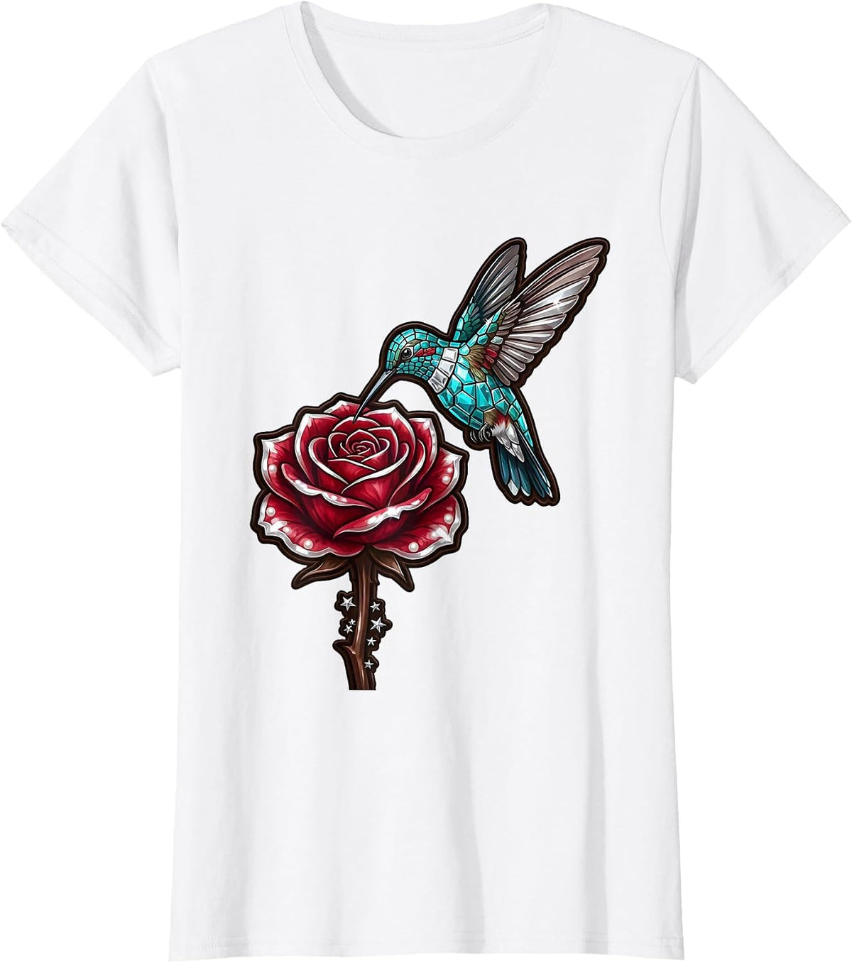 Hummingbird Hovering Over Blooming Rose T-Shirt - White