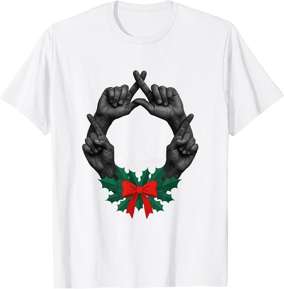 Men's Interlocked Hands Holiday Wreath Rock Metal Guitarist T-Shirt - White