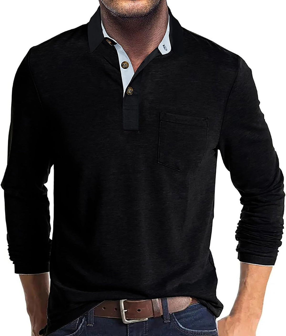 Men's Long Sleeve Polo Shirt Contrast Collar Button Golf Casual Top - Black