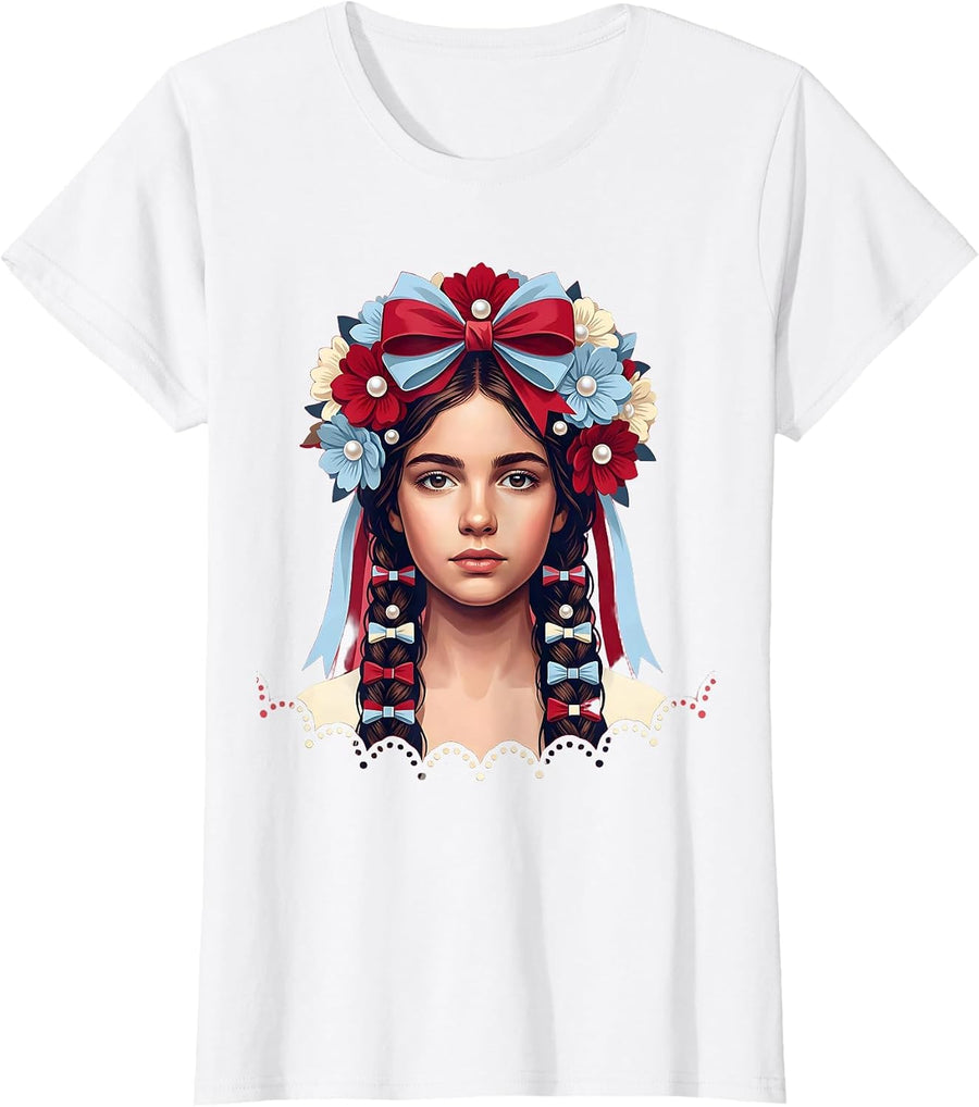 Women's Patriotic Girl Braids Flower Crown USA Design T-Shirt - White