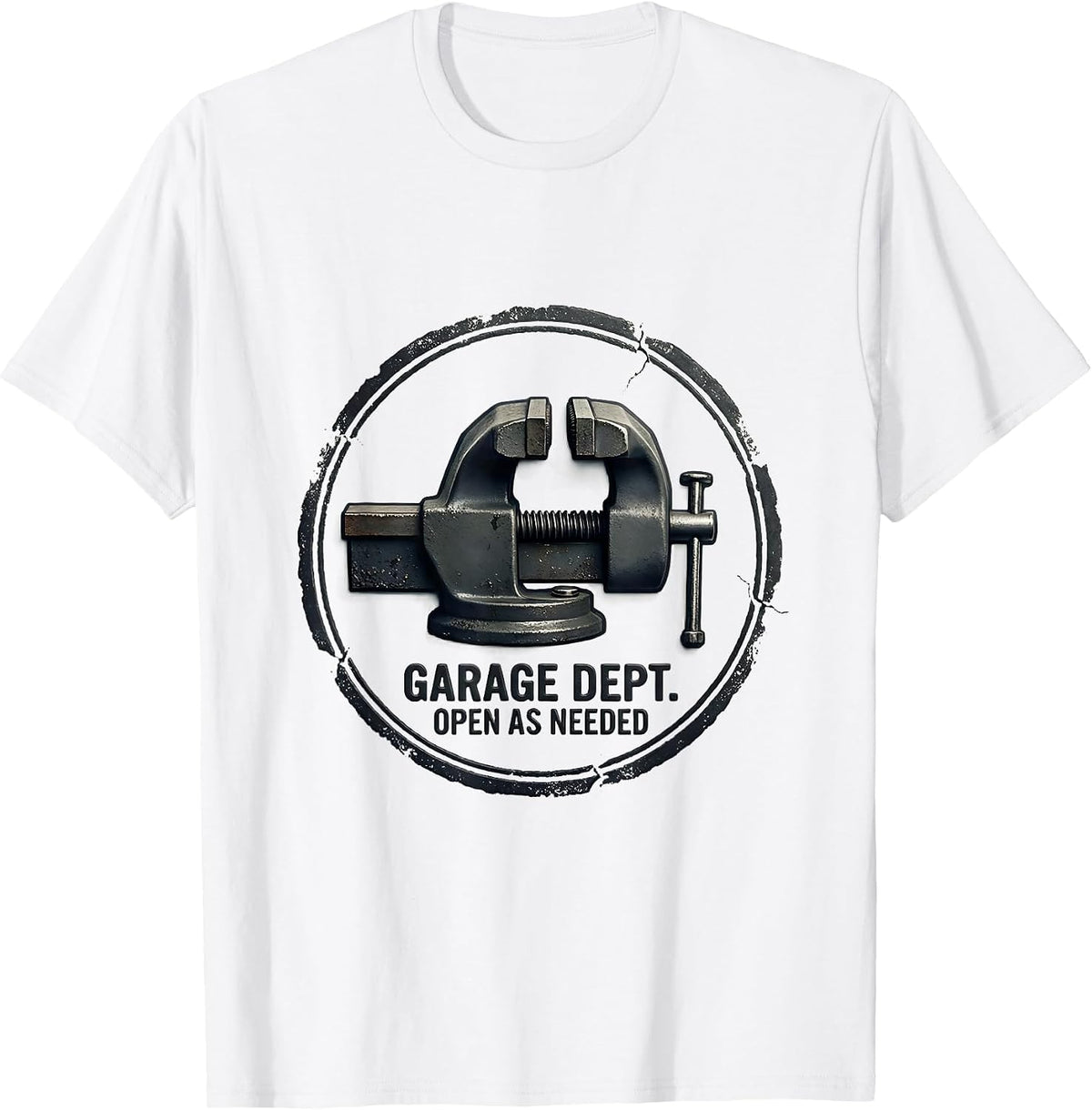 Men's Garage Dept. Open As Needed Rubber Stamp Dad Joke Mechanic T-Shirt - White