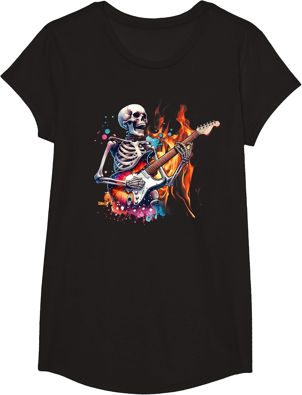 Skull Skeleton Metalhead Playing Guitar Graphic T-Shirt - Girls Black
