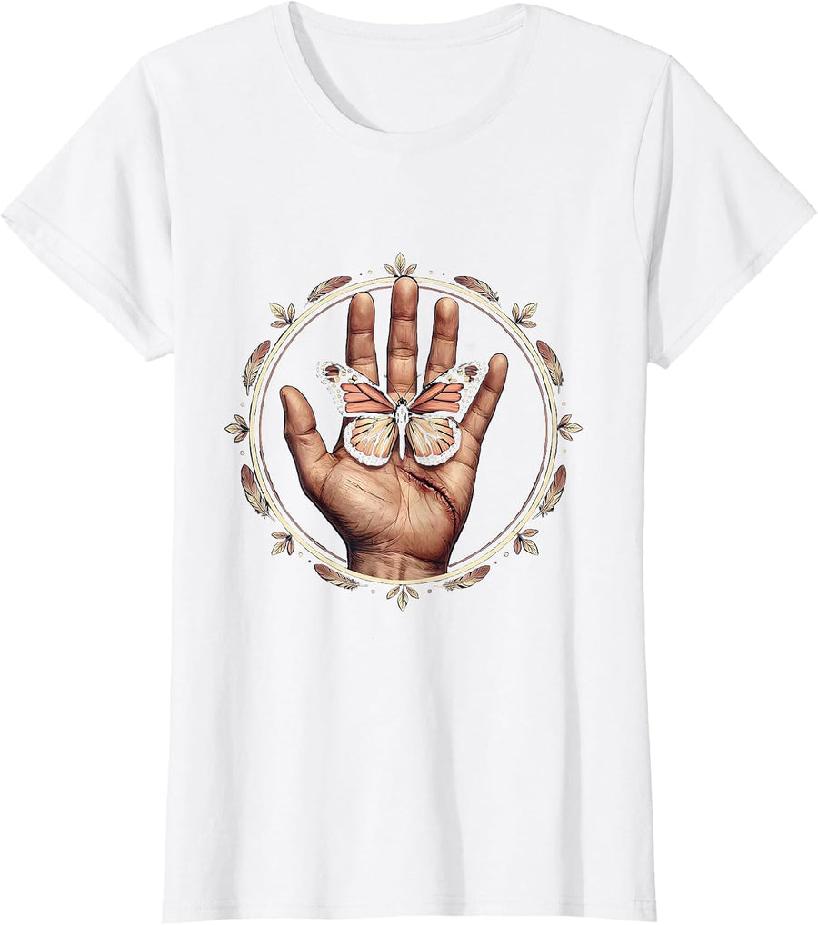 Women's Be Kind Butterfly Scarred Hand Illustration T-Shirt - White