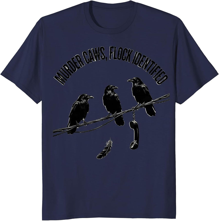 Murder Caws, Flock Identified Gothic Crow Humor Halloween T-Shirt - Navy Blue