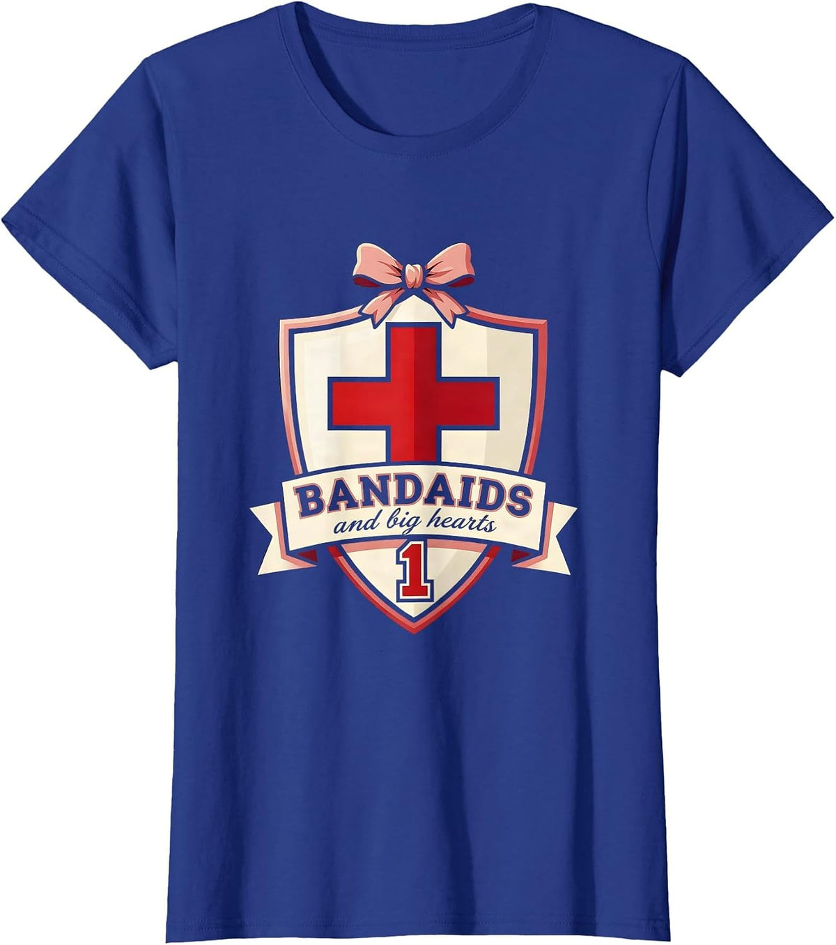 Women's Bandaids and Big Hearts School Nurse Design T-Shirt - Royal Blue