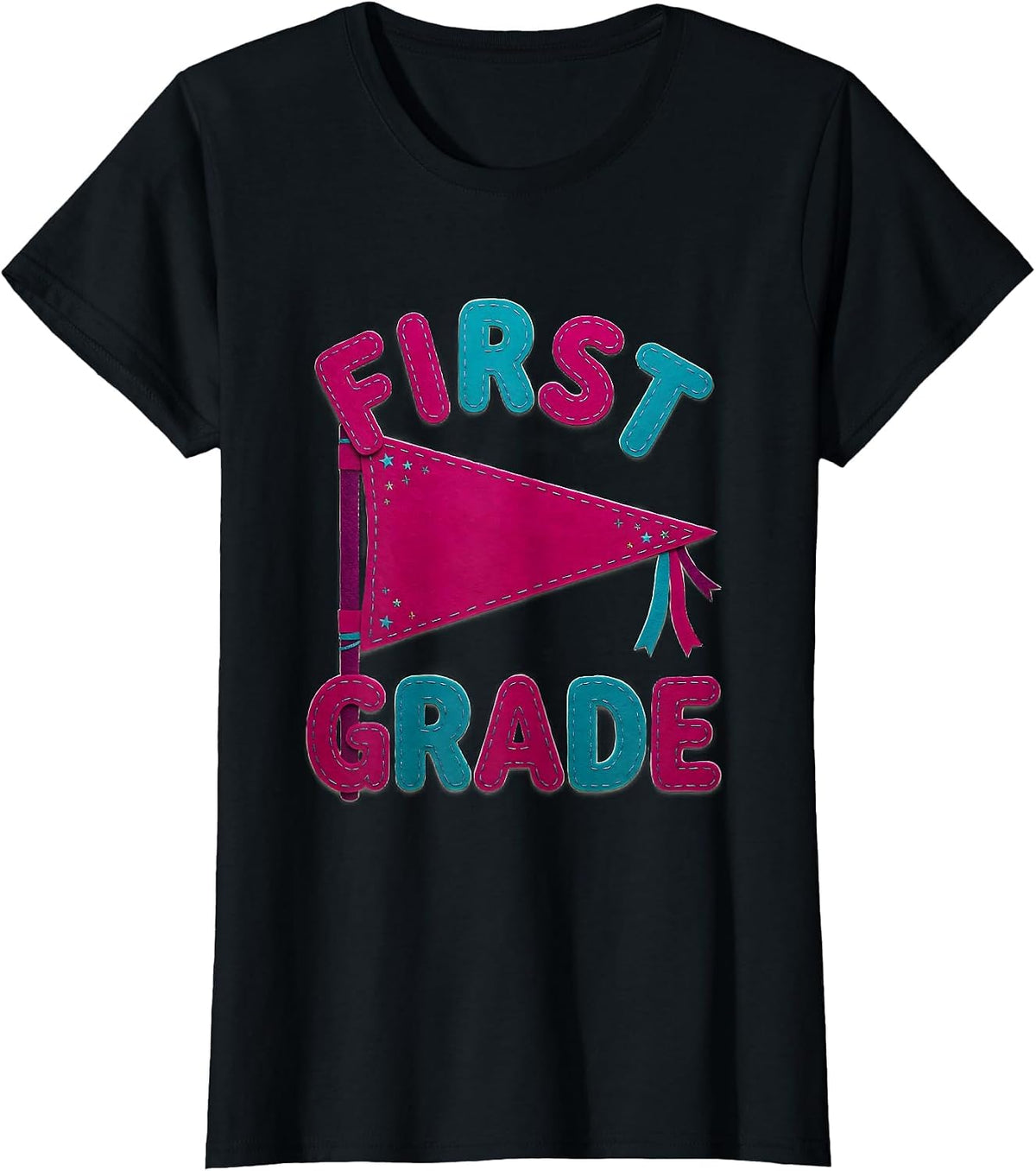 First Grade Cheerful Pennant Back To School Girl T-Shirt - Black