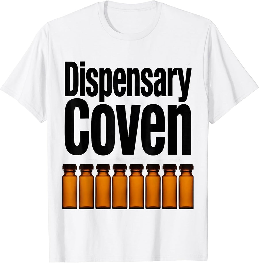 Men's Dispensary Coven Bold Halloween Pharmacy Staff Humor T-Shirt - White
