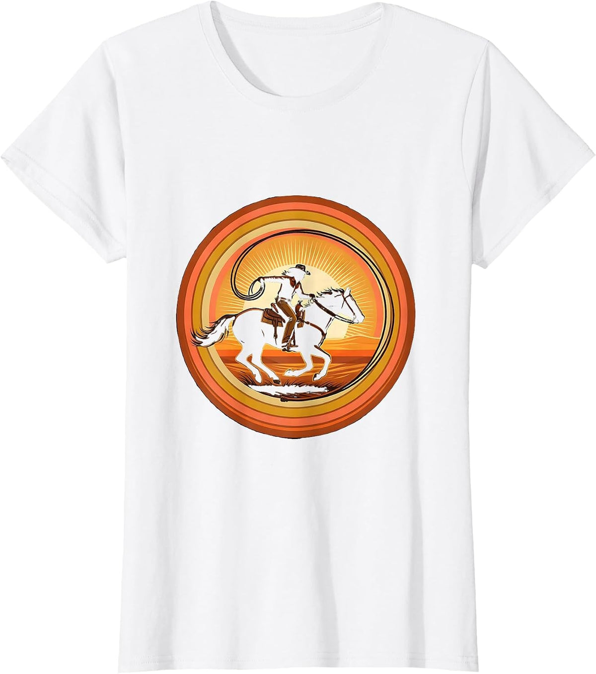 Cowgirl Twirling Rope on Horseback Illustration T-Shirt - White