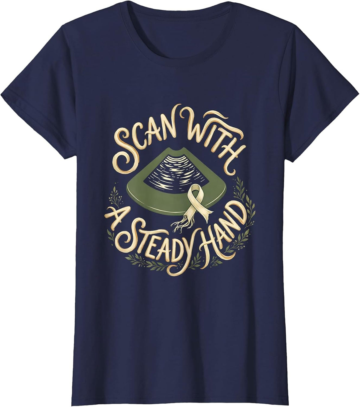 Women's Scan With A Steady Hand Boho Typography Mammography T-Shirt - Navy Blue