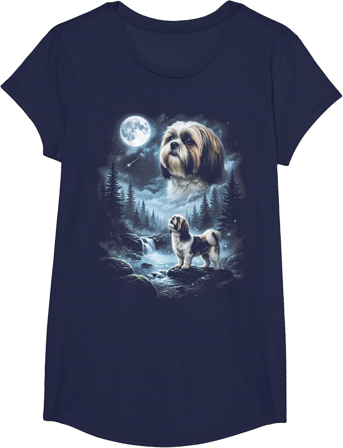 Shih Tzu Howling to the Moon Retro 90's Dog T-Shirt - Girls Navy Blue
