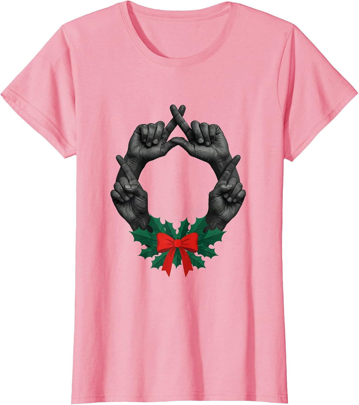 Women's Interlocked Hands Holiday Wreath Rock Metal Guitarist T-Shirt - Pink
