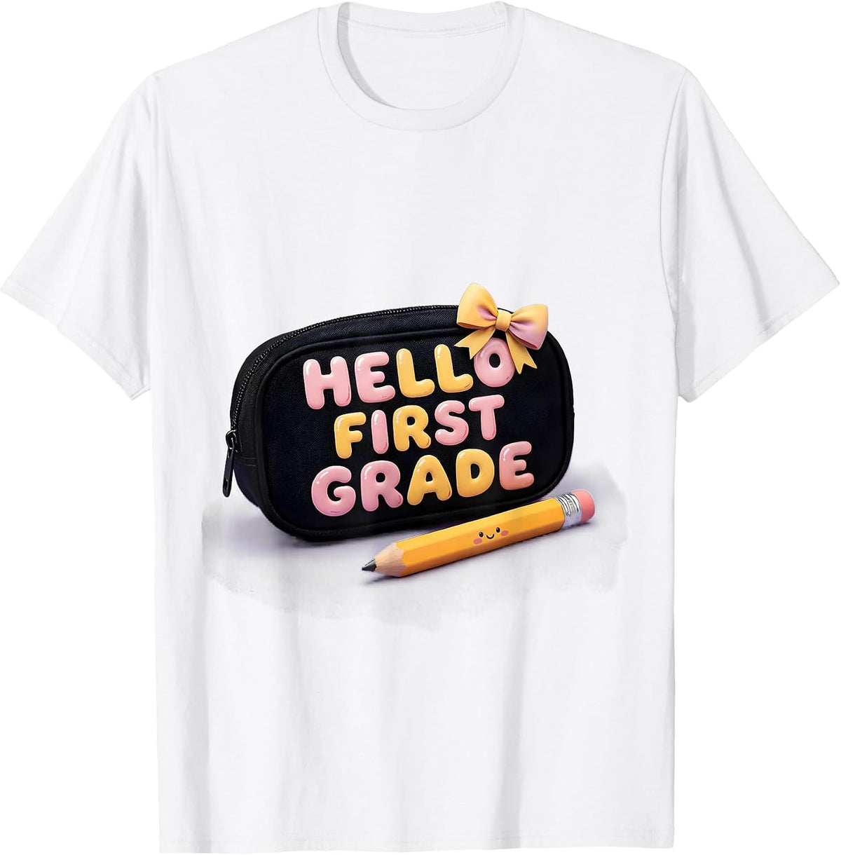 Men's Hello First Grade Cute Kawaii Bow Back To School Pencil T-Shirt - White
