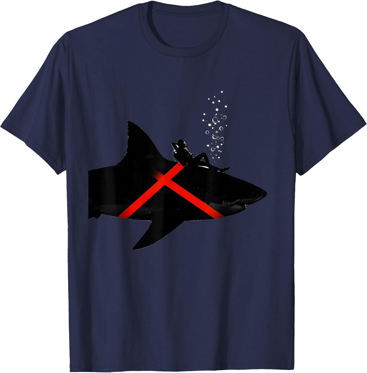 Men's Shark With Diver Silhouette Scuba Diving Humor T-Shirt - Navy Blue