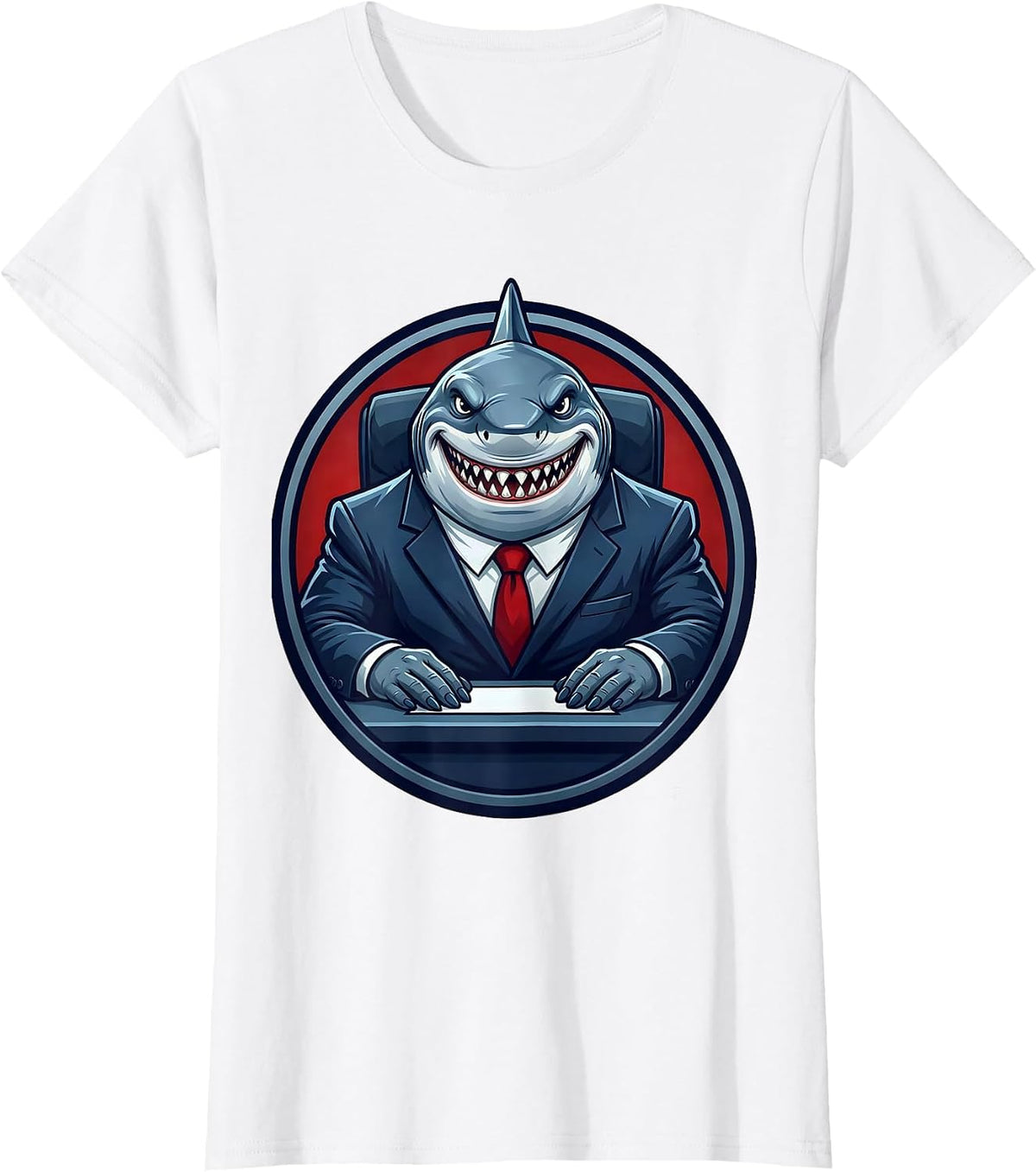 Shark in Business Suit Office Desk Funny Graphic T-Shirt - White