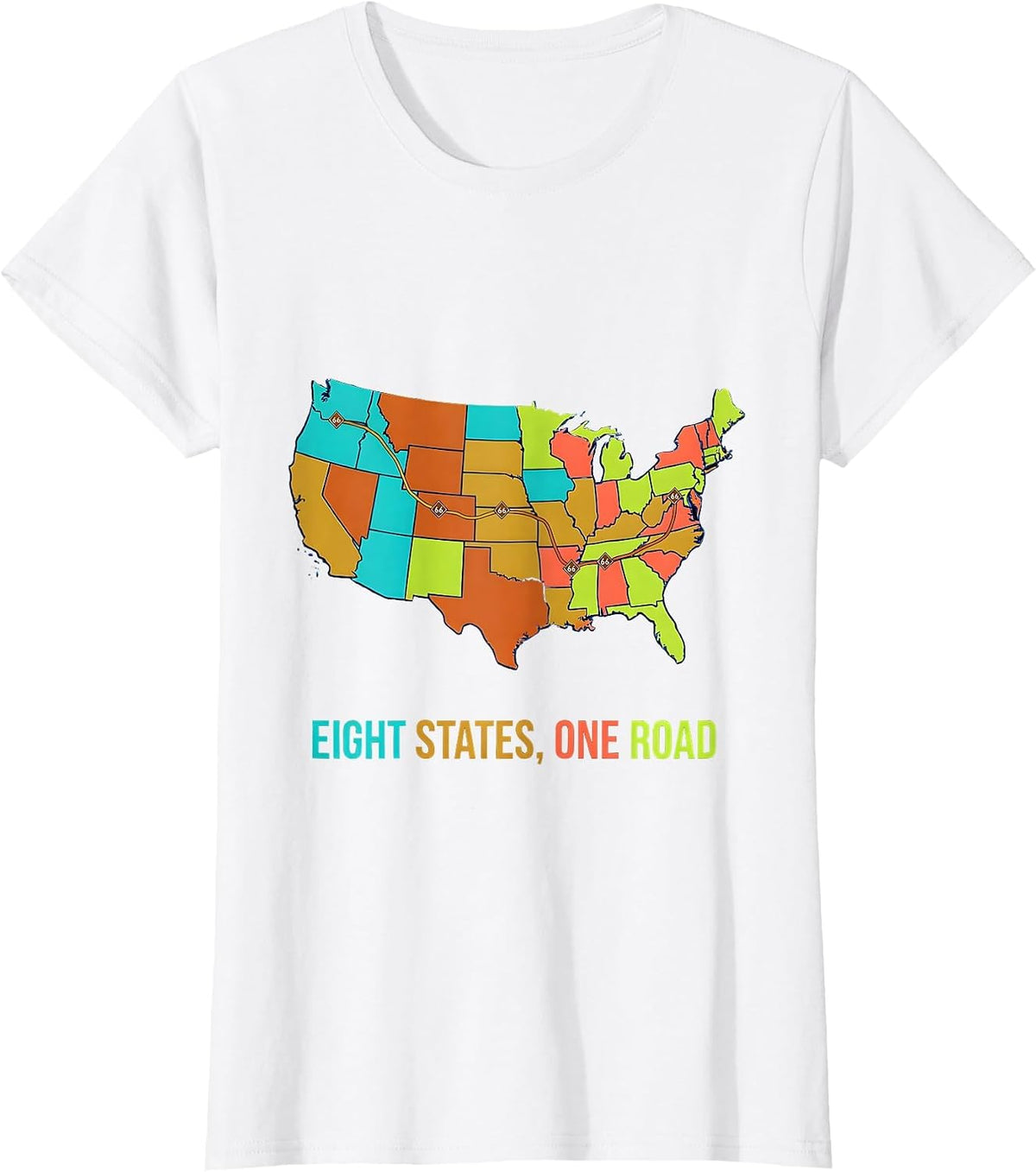 Eight States, One Road Route 66 Design T-Shirt - White