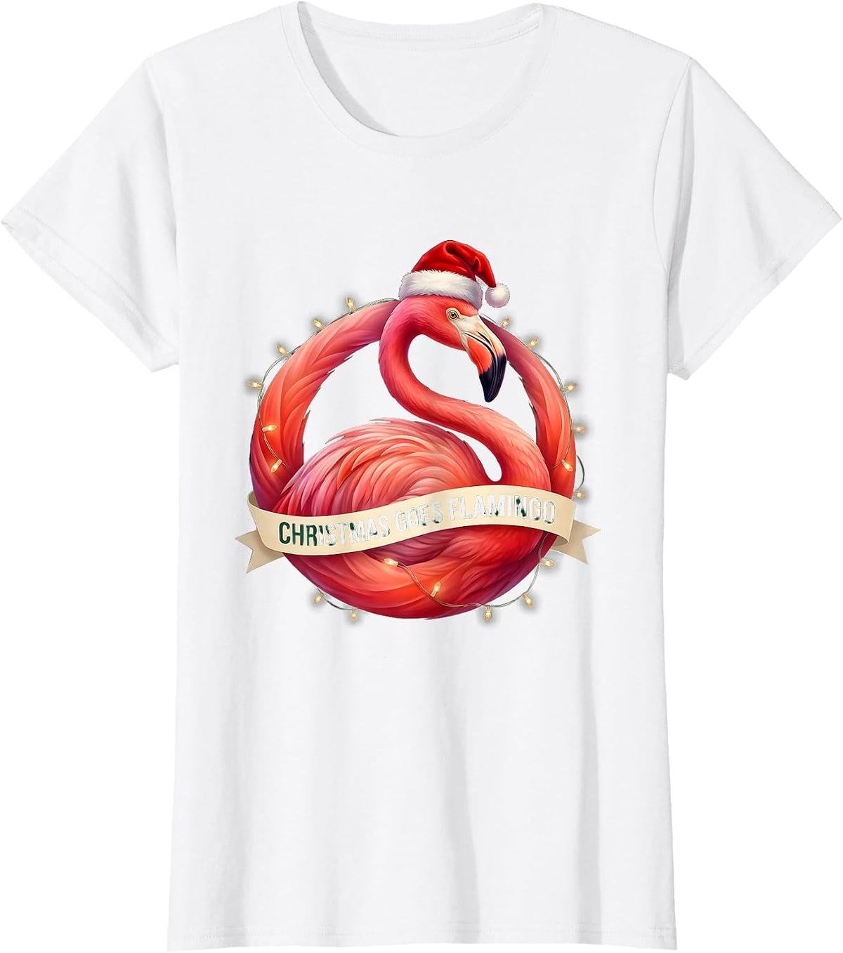 Women's Christmas Goes Flamingo Gradient Whimsical Holiday Humor T-Shirt - White