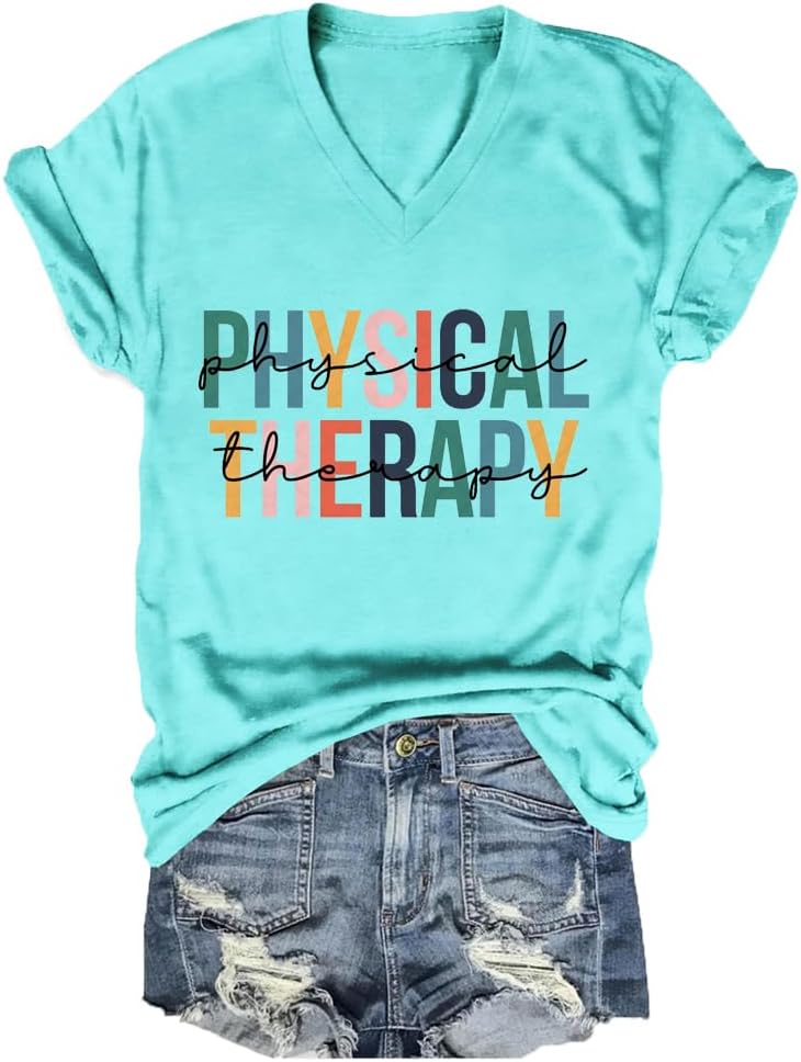 Physical Therapy Shirt Womens PTA Graphic Tee Short Sleeve V-Neck Physical Therapist Tshirt Cute PT Student T Shirt - Blue