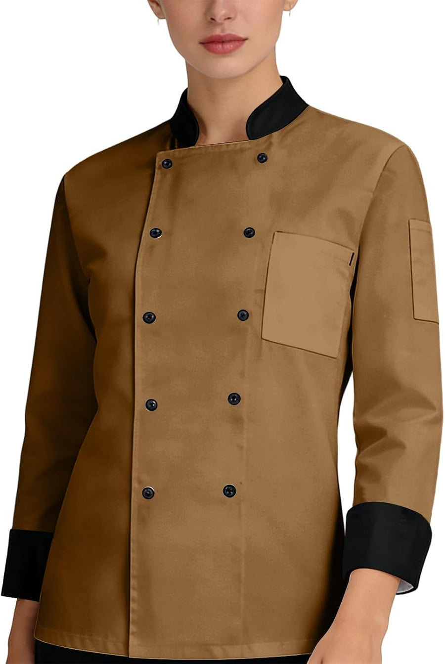 Chef Jacket for Men Long Sleeve Chef Shirts Restaurant Kitchen Cooking Work Tops Hotel Uniform Shirts with Pockets - 01-brown