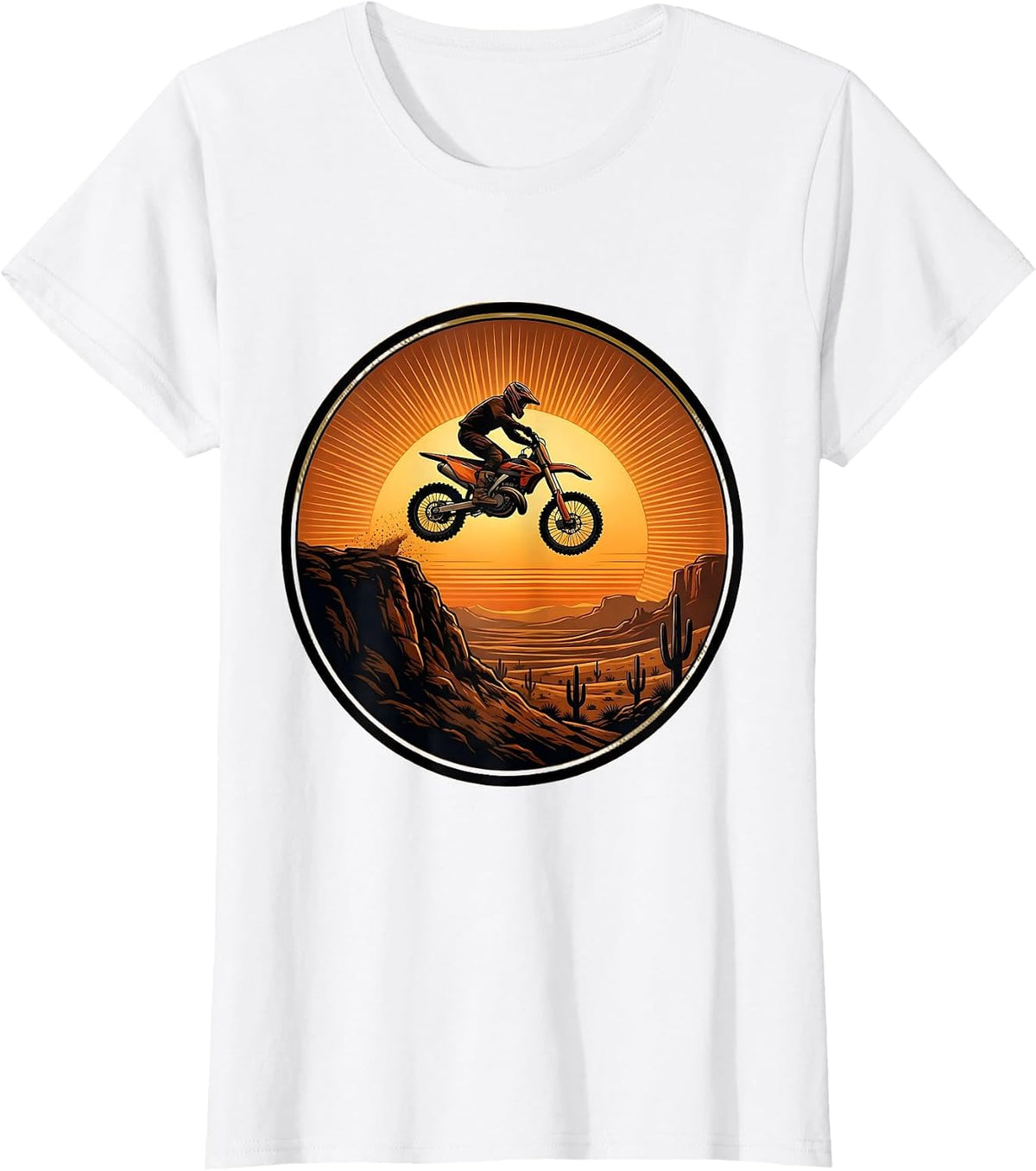 Dirt Bike Silhouette Against Setting Sun Graphic T-Shirt - White