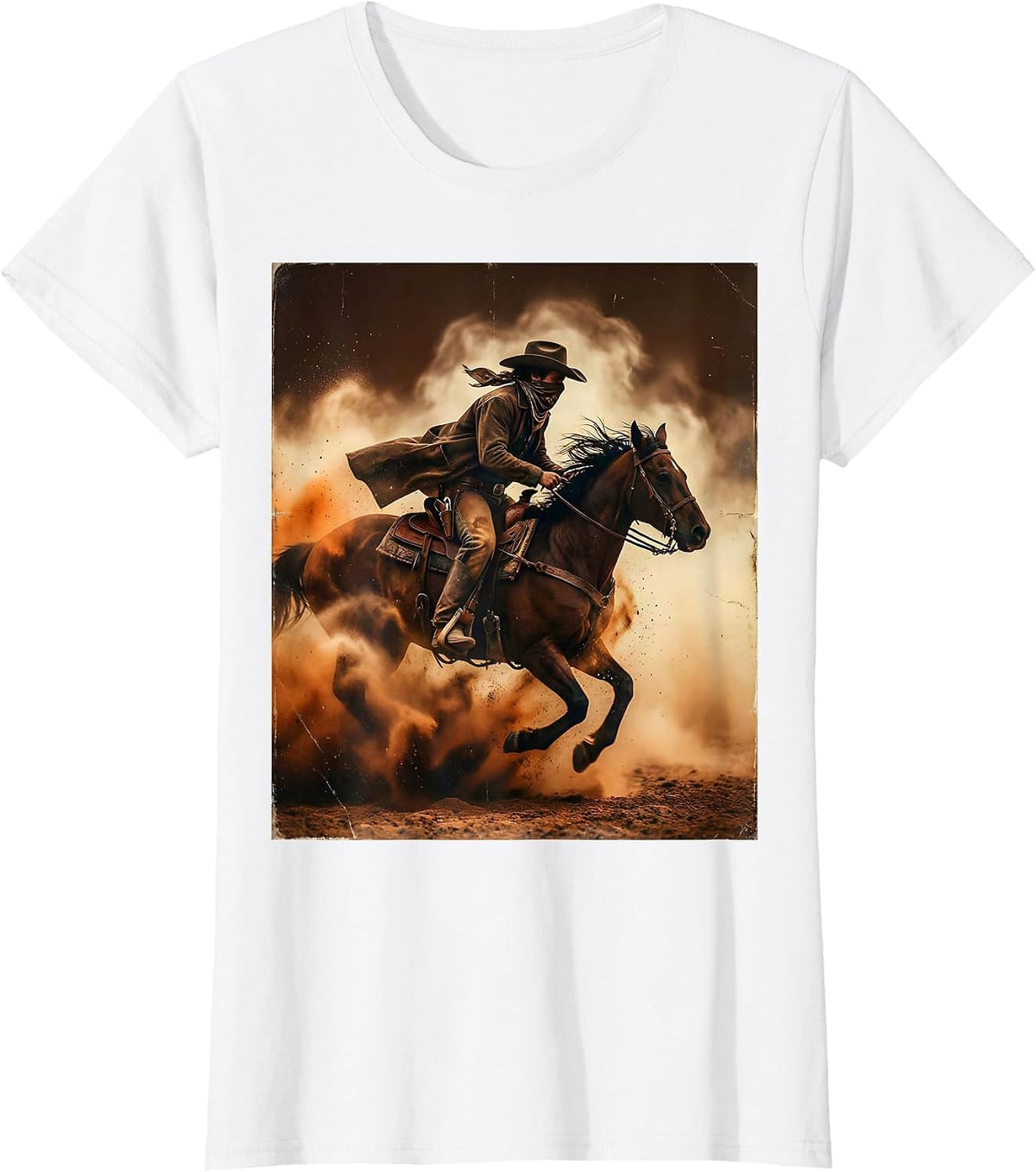 Bandana Cowboy Riding Through a Dust Storm T-Shirt - White