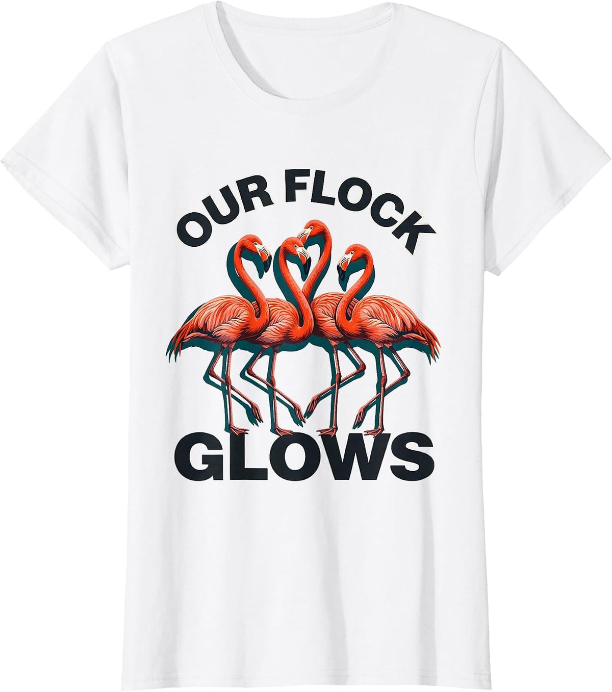 Women's Our Flock Glows Funny Flamingo Lover Novelty T-Shirt - White