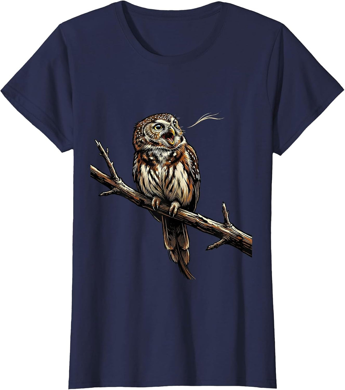 Women's Northern Pygmy-Owl Vintage Bird Lover Whimsical T-Shirt - Navy Blue