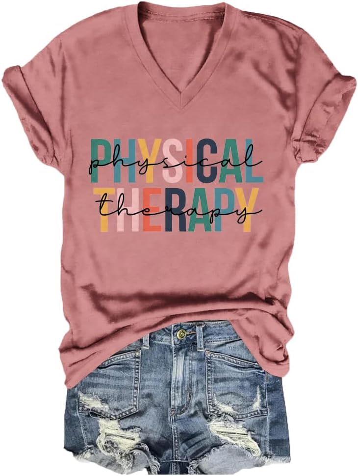 Physical Therapy Shirt Womens PTA Graphic Tee Short Sleeve V-Neck Physical Therapist Tshirt Cute PT Student T Shirt - Pink