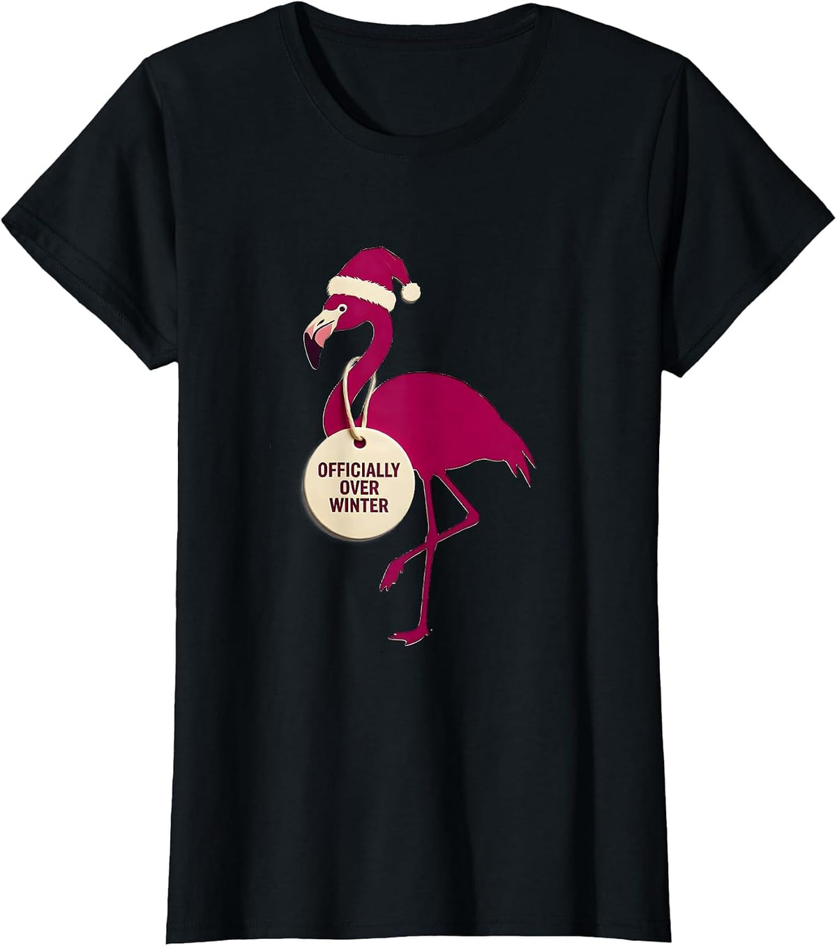 Officially Over Winter Funny Pink Flamingo Santa Hat T-Shirt - Black
