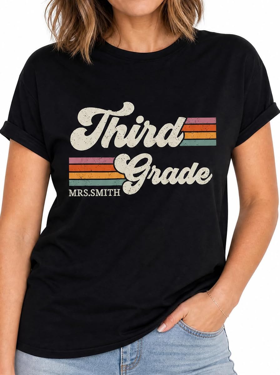 Personalized Grade and Name Retro Horizontal Stripes Teacher T-Shirt - Black