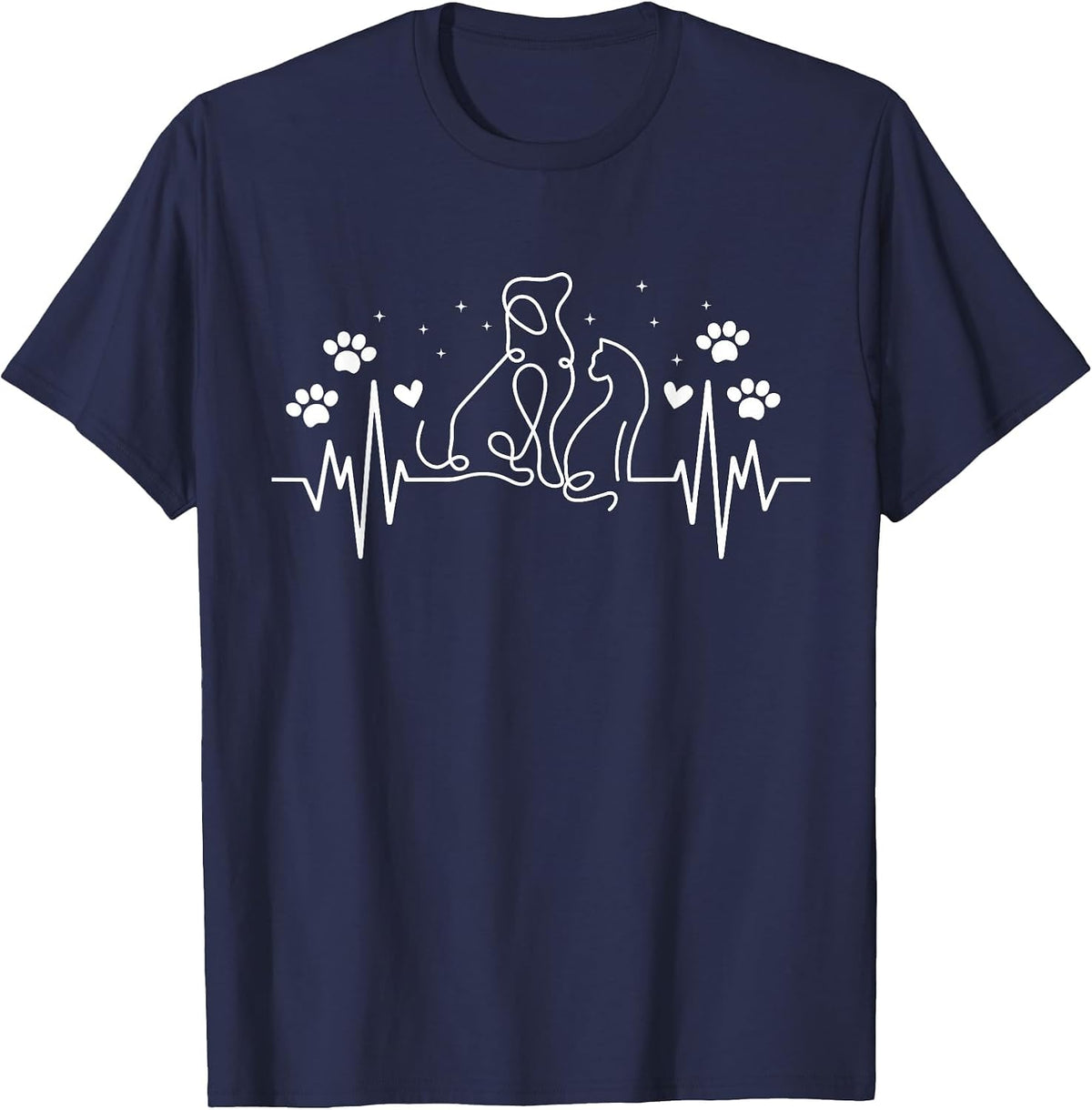 Line Art Veterinary Heartbeat Dog and Cat Lovers Vet Tech T-Shirt - Navy Blue