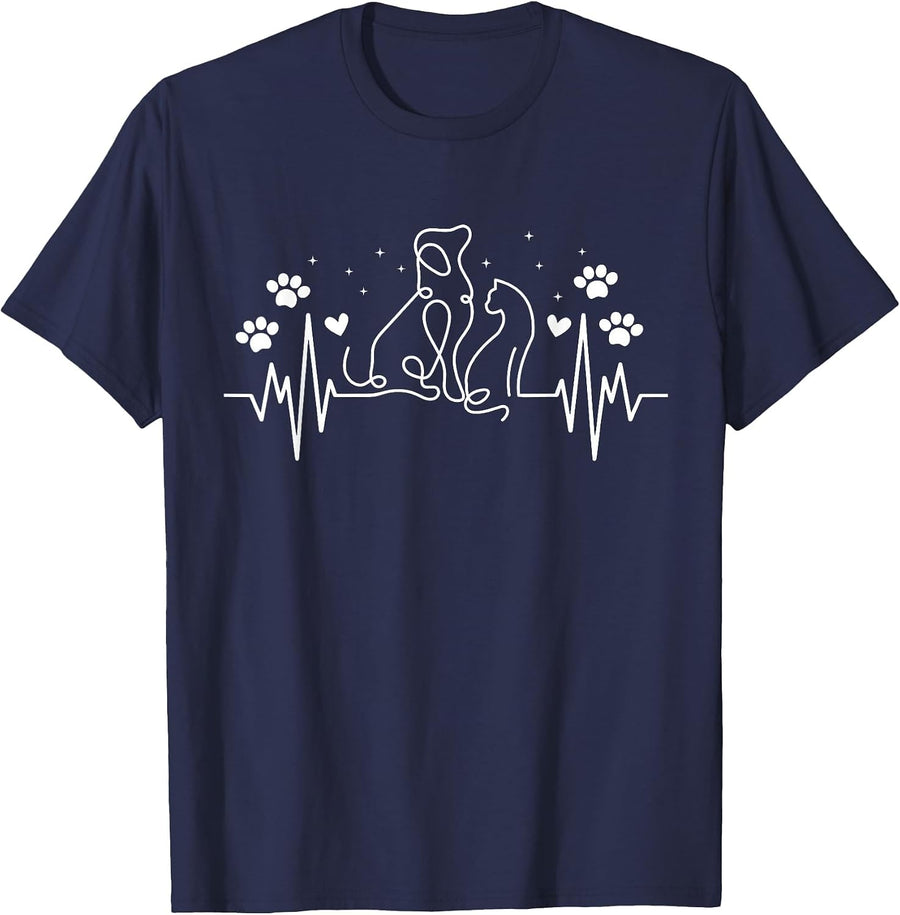 Line Art Veterinary Heartbeat Dog and Cat Lovers Vet Tech T-Shirt - Navy Blue
