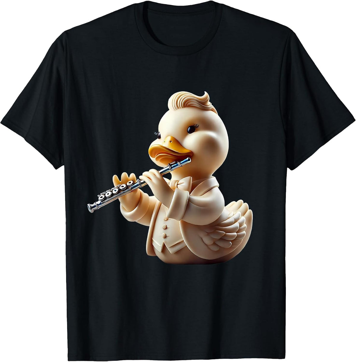 Rubber Duck Playing Flute Player Ducky Duckie T-Shirt - Black
